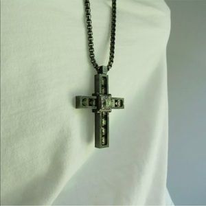 LANVIN GUNMETAL SWAROVSKI CRYSTAL CROSS NECKLACE